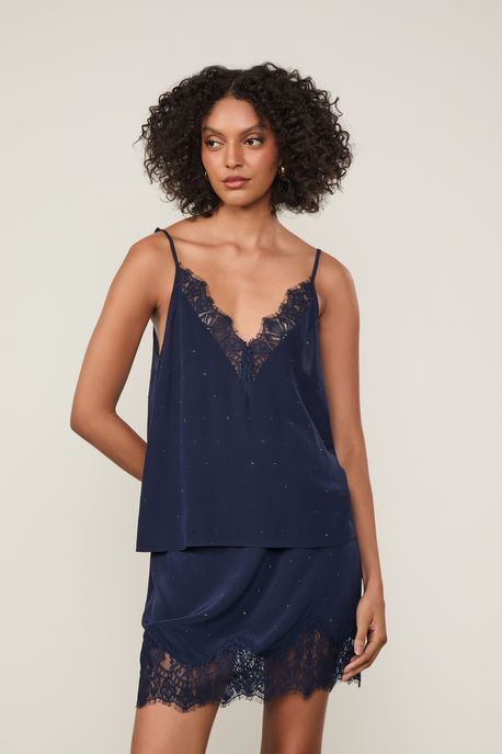 Regata De Seda De Alcinha Ancora Com Renda e Strass Azul Ancora - 36