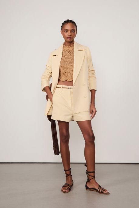 Blusa De Tricot Cropped Ponto Rústico Babados Bege - G