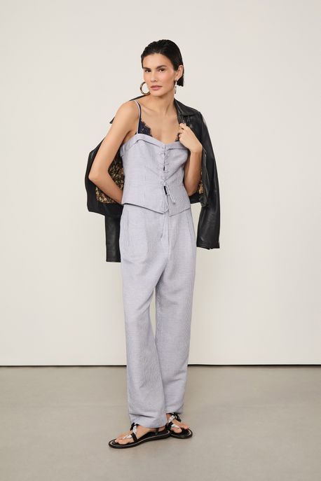 Top Peplum De Linho Listras Azul Claro / Branco - 34