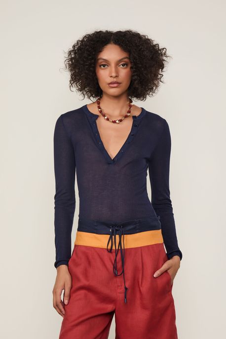 Blusa De Tricot Leve Com Gola Portuguesa Azul Ancora - M