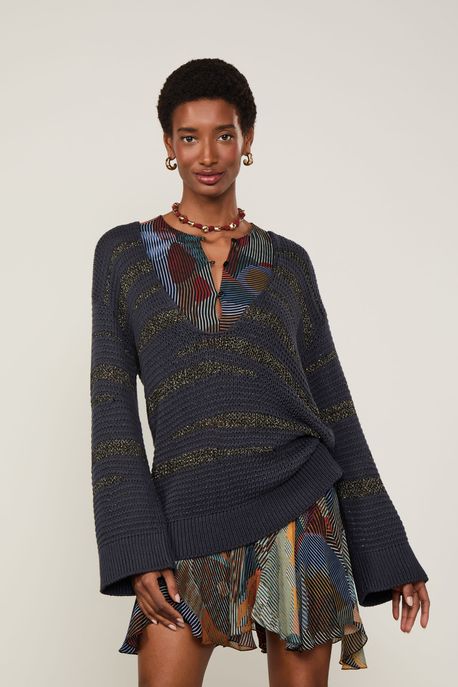 Blusão De Tricot Pull Com Decote Profundo Azul Ancora - M