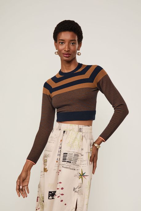 Blusa De Tricot Manga Comprida Listrada Azul Ancora/ Marrom Tan/ Laranja - G