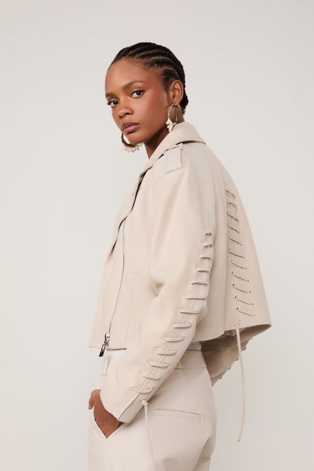 Jaqueta De Couro Detalhe Ilhoses Bege Baia - 42