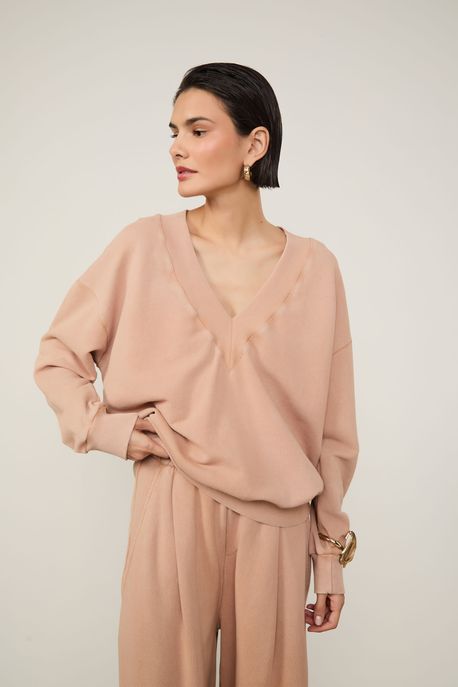 Casaco De Moletom Decote Marrom Tan - G