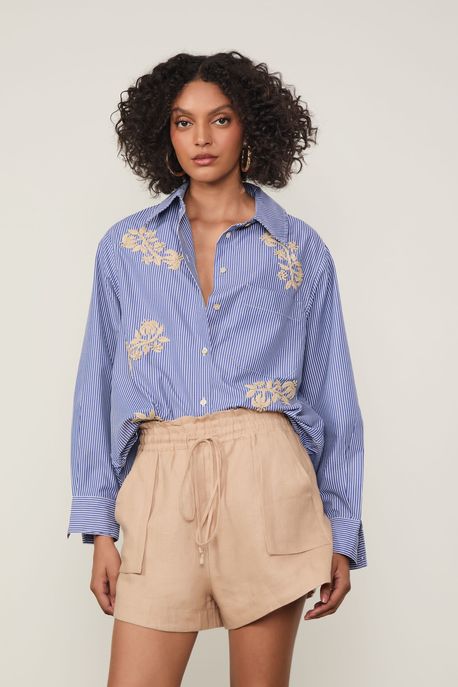 Short De Linho Com Cós De Elástico e Bolsos De Linho Natural - 44