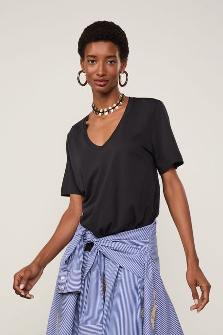 T-Shirt De Algodão Pima Decote v Preto - M