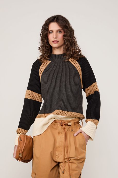 Blusão De Tricot Pull Mix Cores Detalhe Ponto Crochet Cinza Escuro/ Preto/ Marrom Tan/ Off - M