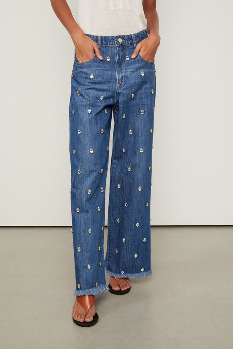 Calça Jeans Perna Reta Bordada Jeans Escuro - 44