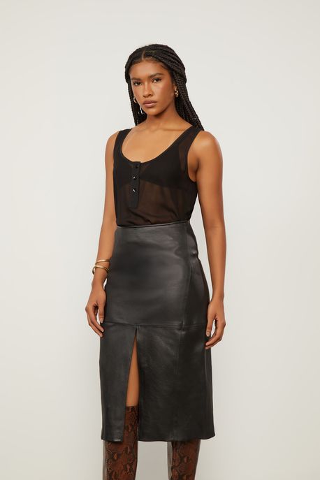 Saia De Couro Stretch Midi Fenda Frontal Frontal Preto - 36