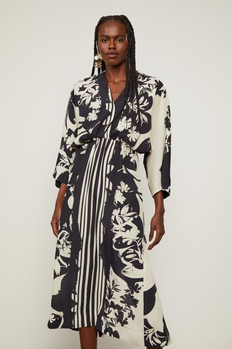 Vestido Midi Manga Longa De Viscose Com Estampa Localizada Est Floral Pincel Off e Preto - 34