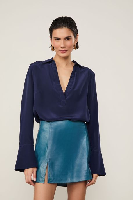 Camisa De Seda Polo Azul Manga Longa Azul Ancora - 36