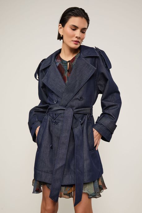 Trench Coat Jeans Com Faixa Para Amarração Azul Denim - P
