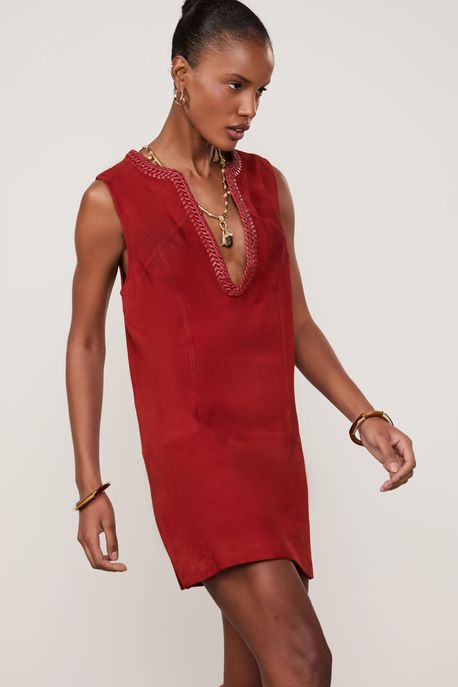 Vestido De Chamois Bordado Gota Vermelho Nautico - 42