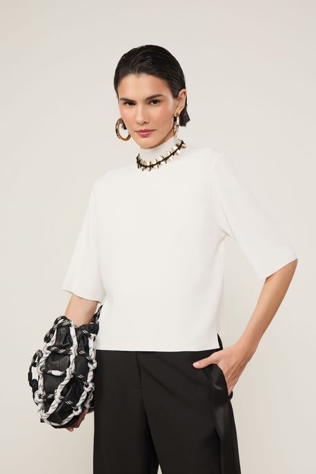 T-Shirt De Tricot Gola Alta Básica Off White - M