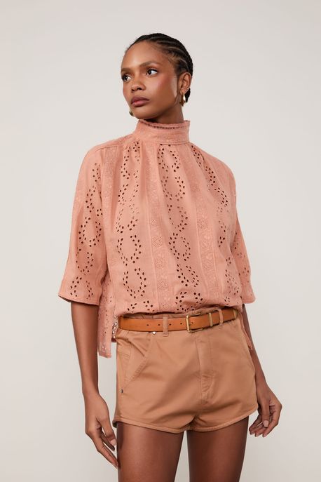 Blusa De Voil De Algodão Manga Curta Gola Alta Bordada Abotoamento Nas Costas Nude Bronze Light - 44