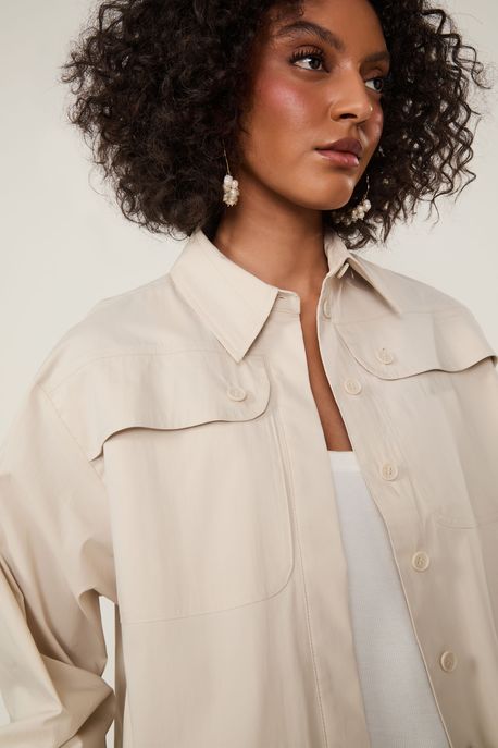 Camisa Cropped Manga Longa Com Amarração Detalhe Bolsos Cinza Cinza Ash - 42