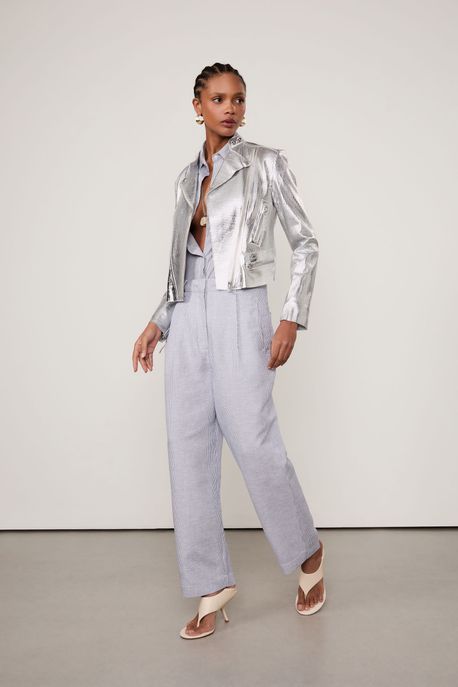 Jaqueta De Couro Motor Furadinha Metalizada Prata - 34