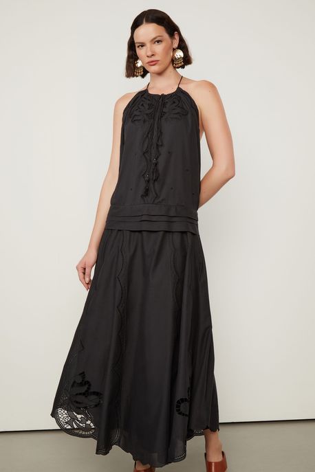 Vestido De Algodão Com Pala Na Cintura Preto - 42