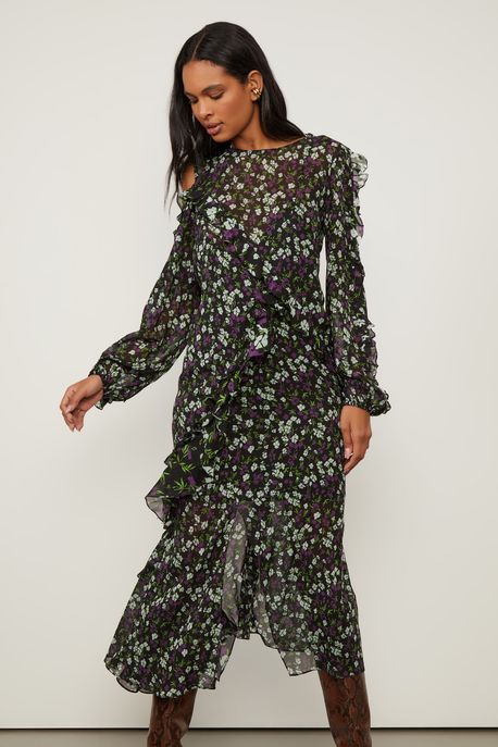 Vestido De Georgette Leve Midi Assimétrico Estampado Manga Longa Est Floral Jardim Preto e Menta - 38
