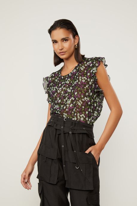Blusa De Georgette Leve Babados Estampada Est Floral Jardim Preto e Menta - 42
