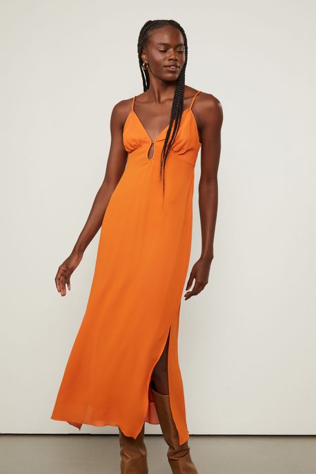Vestido De Georgette Longo Com Decote Laranja Laranja Queimado - 42