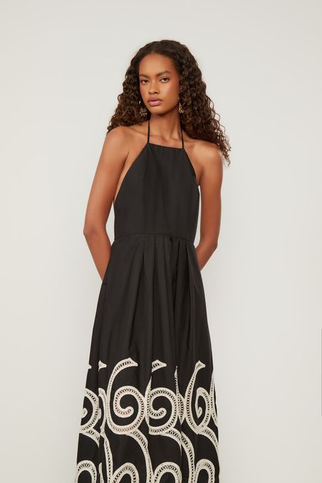 Vestido Com Bordado Preto Preto - 44