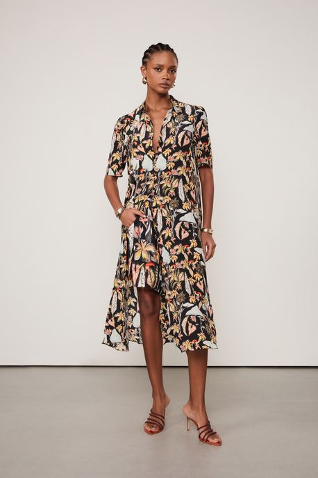 Vestido De Seda Chemise Midi Manga Curta Estampado Est Folhagem Mata Donca Preto p - 44