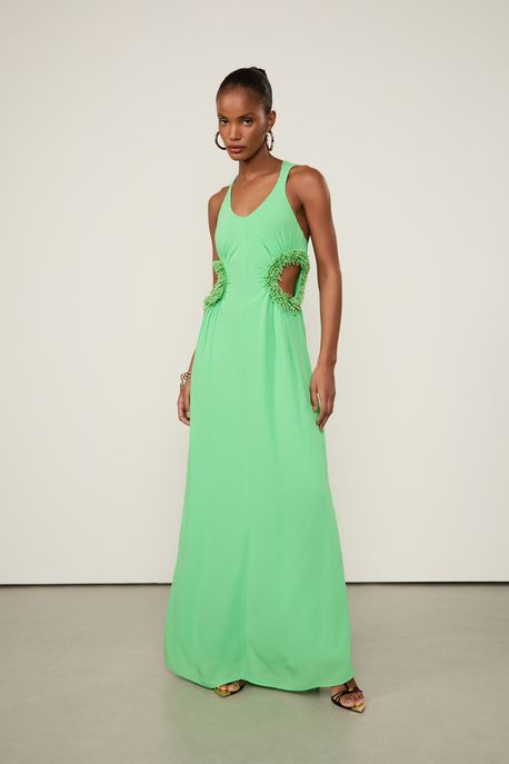 Vestido De Georgette Pesado Longo Verde Proa Com Bordado Ouriço Na Cintura Verde Proa - 40