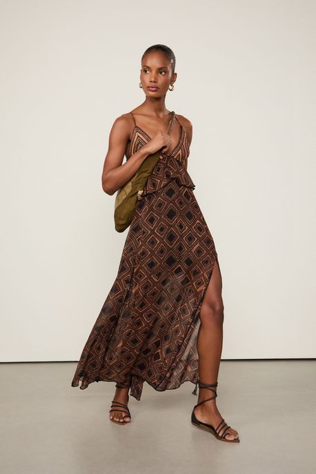 Vestido De Georgette Midi Estampa Textura Taipas Com Pala De Ráfia Est Textura Taipas Color - 38