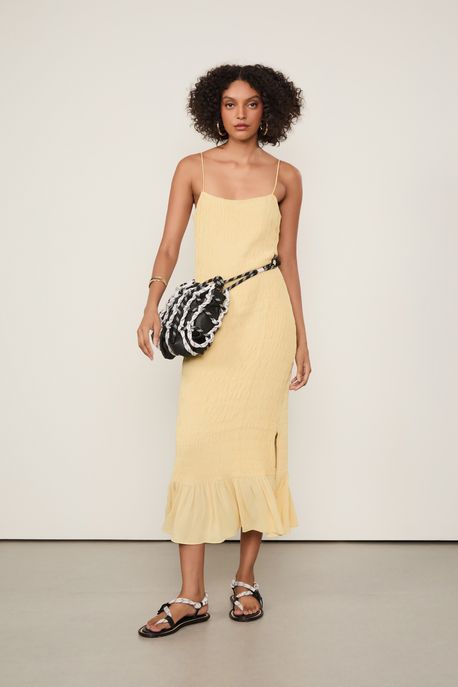 Vestido De Georgette Midi Amarelo Papiro Com Lastex Amarelo Papiro - 38