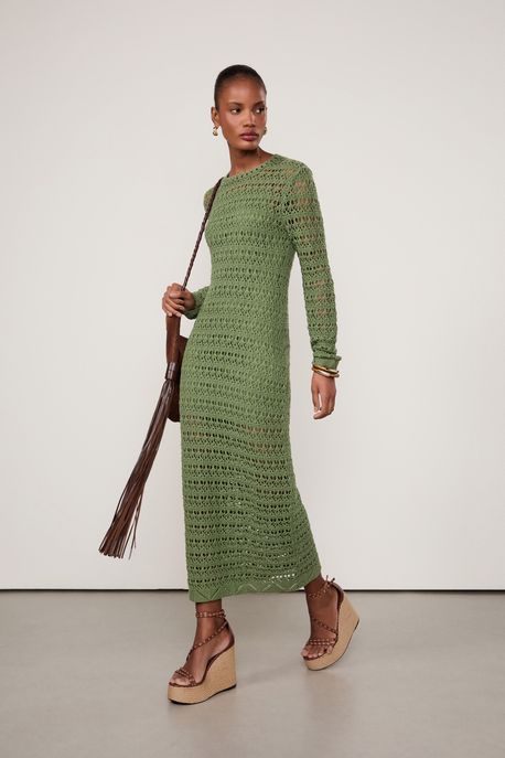 Vestido De Tricot Manga Longa Ponto Renda Verde Confrei - M