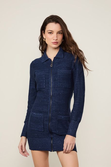 Vestido De Tricot Curto Com Paetês Azul Ancora - M