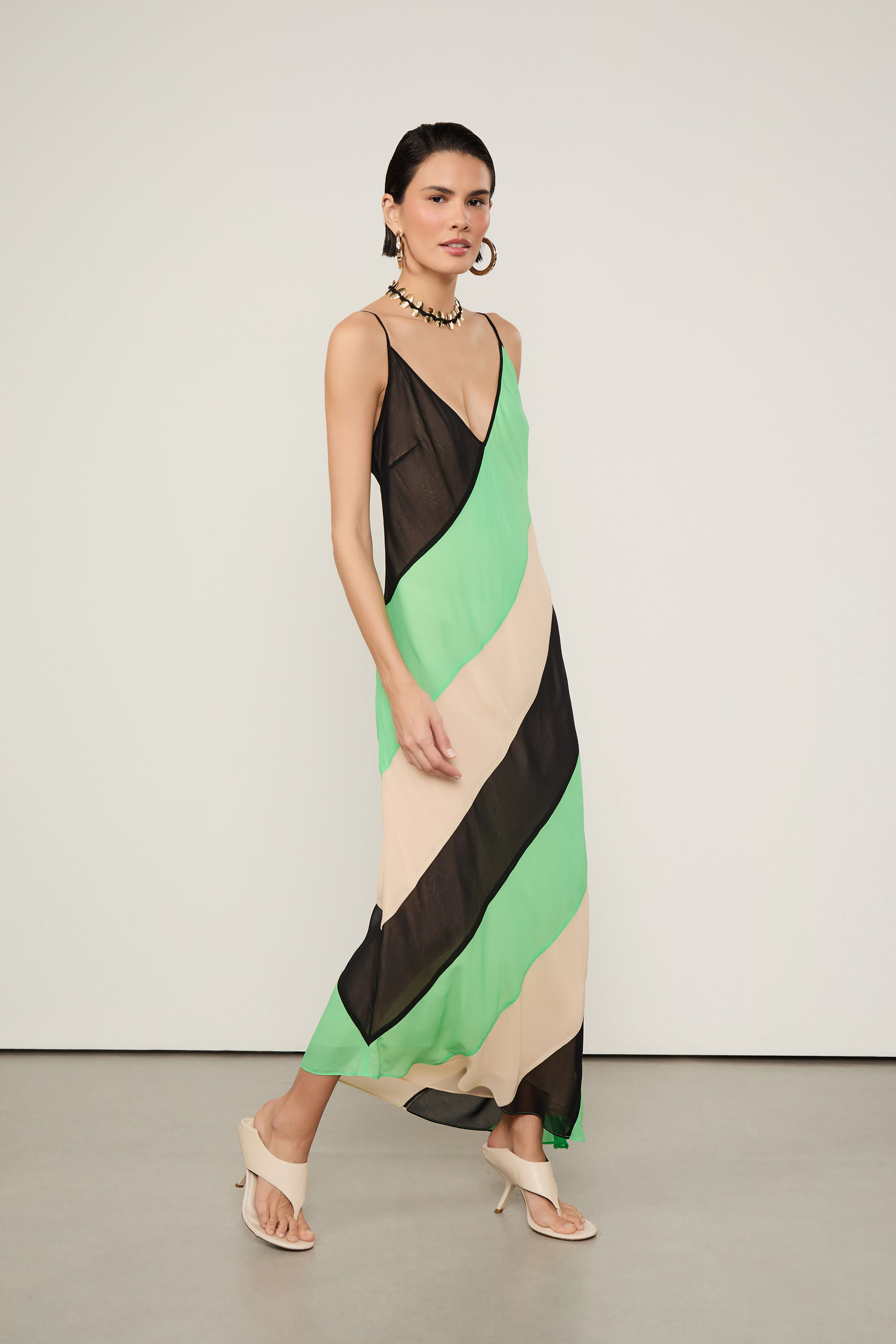Vestido De Georgette Midi Multicolor Listras Irregulares