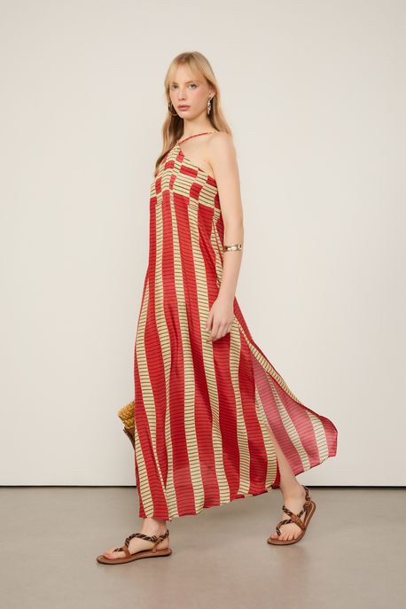 Vestido Longo Frente Única Estampado Est Bar Listra Raia Papiro e Flame - 36