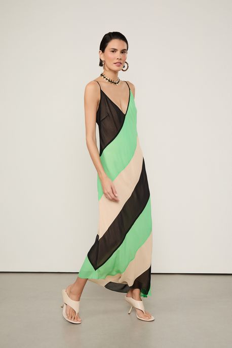 Vestido De Georgette Midi Multicolor Listras Irregulares Multicolorido - 38