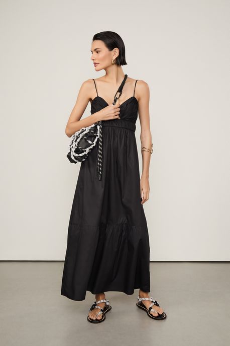 Vestido De Algodão Midi Preto Busto Franzido Preto - 34