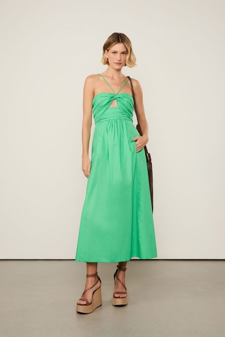 Vestido De Algodão Midi Verde Busto Franzido Verde Proa - 44