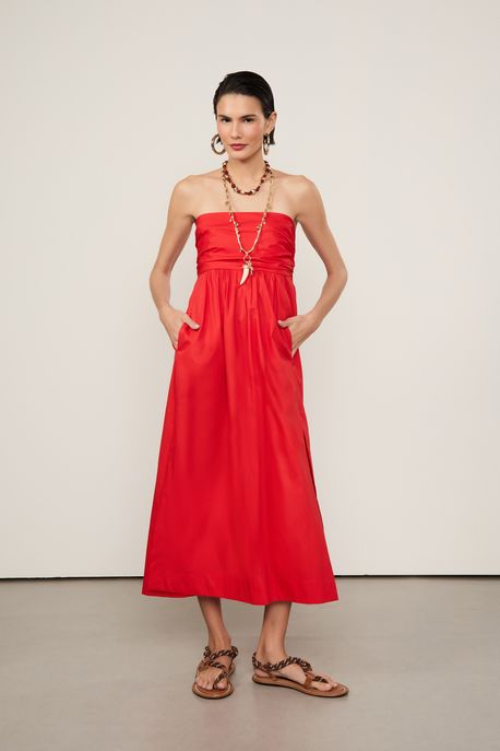 Vestiudo De Algodão Midi Vermelho Sem Alça Vermelho Flame - 44