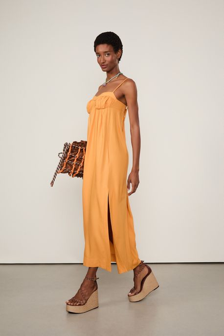 Vestido Midi Laranja Busto Franzido Laranja Brick - 38