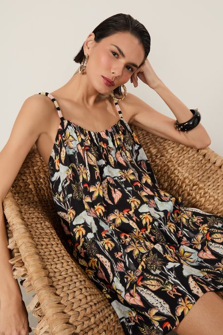 Vestido De Georgette Pesado Mini Alça Bordada Estampado Est Folhagem Mata Donca Preto p - 42