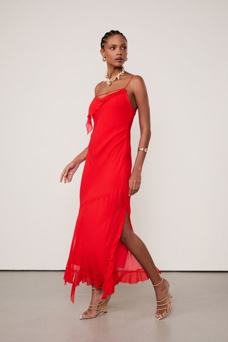 Vestido De Georgette Leve Longo Desconstruido Vermelho Fenda Lateral Vermelho Flame - 44