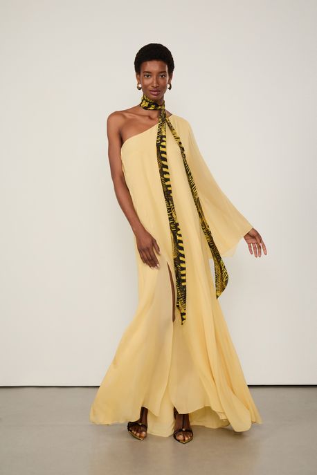 Vestido De Georgette Leve Longo Um Ombro So Amarelo Amarelo Papiro - 40