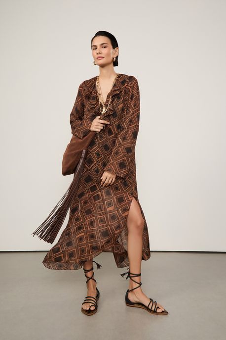 Vestido De Georgette Leve Midi Manga Longa Estampado Decote v Est Textura Taipas Color - 44