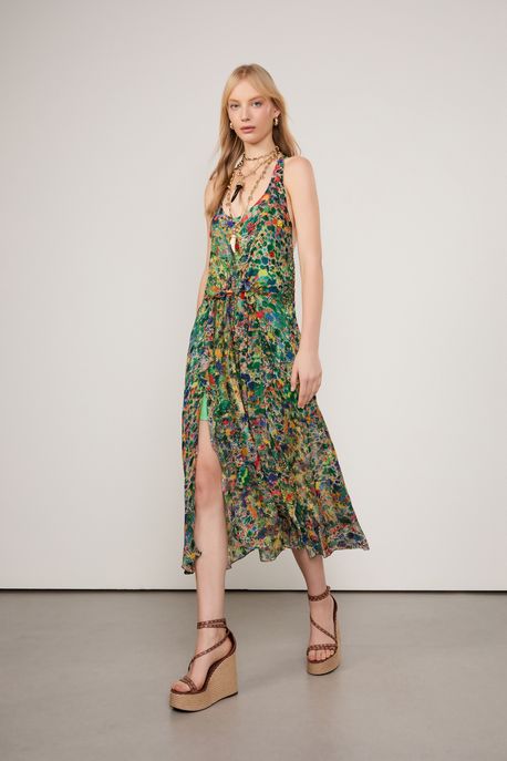 Vestido De Georgette Leve Midi Bordado Decote Nadador Est Liberty Mapa Color - 44