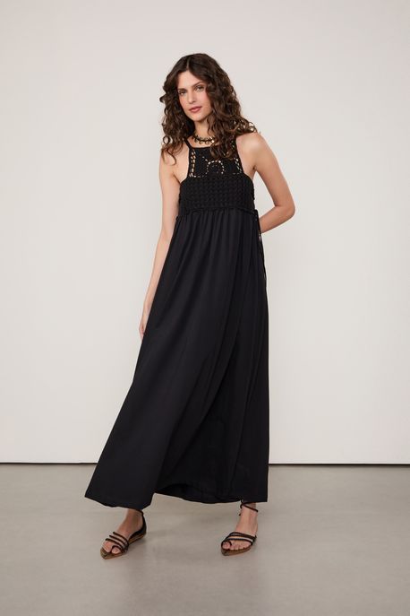 Vestido Malha Midi Aplicação Croche Preto - G