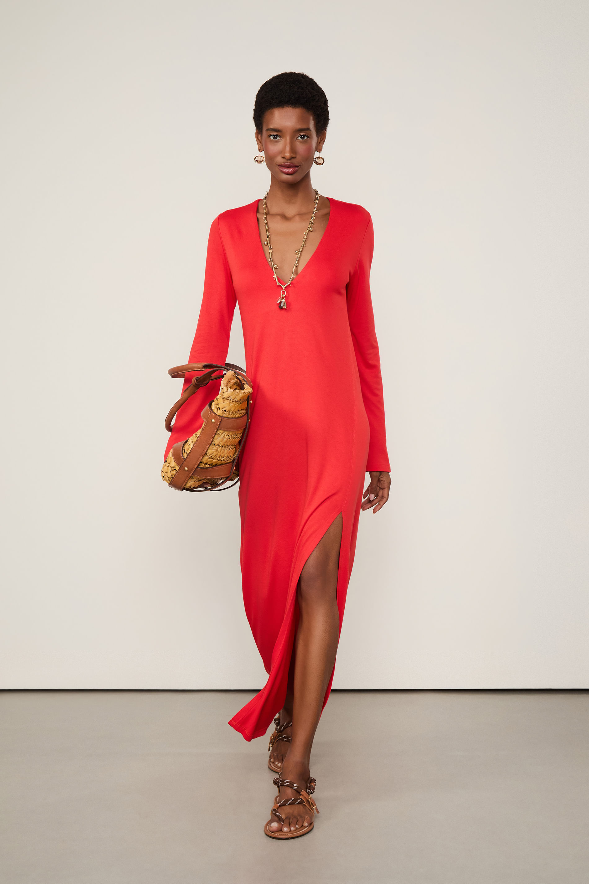 Vestido De Malha Com Fenda Manga Longa Vermelho