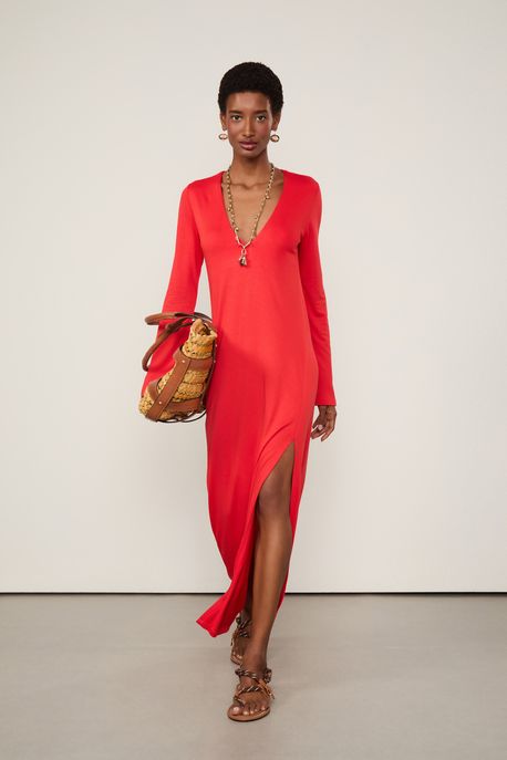 Vestido De Malha Com Fenda Manga Longa Vermelho Vermelho Flame - M