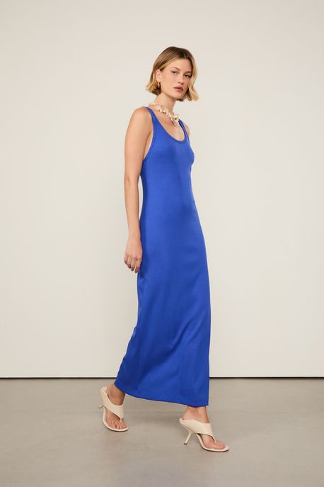 Vestido De Rib Decote Nadador Azul Azul Cannes - G