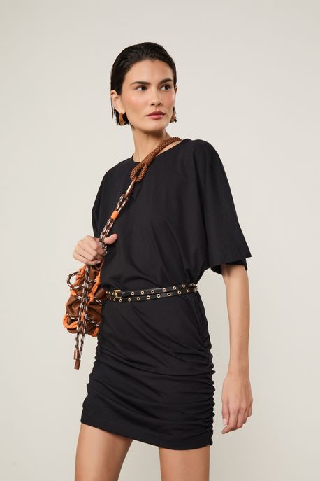 Vestido De Malha Preto Com Detalhe Franzindo Na Lateral Preto - M