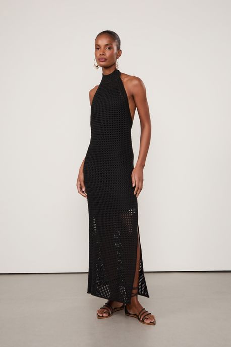 Vestido De Tricot Frente Única Ponto Crochet Preto - G